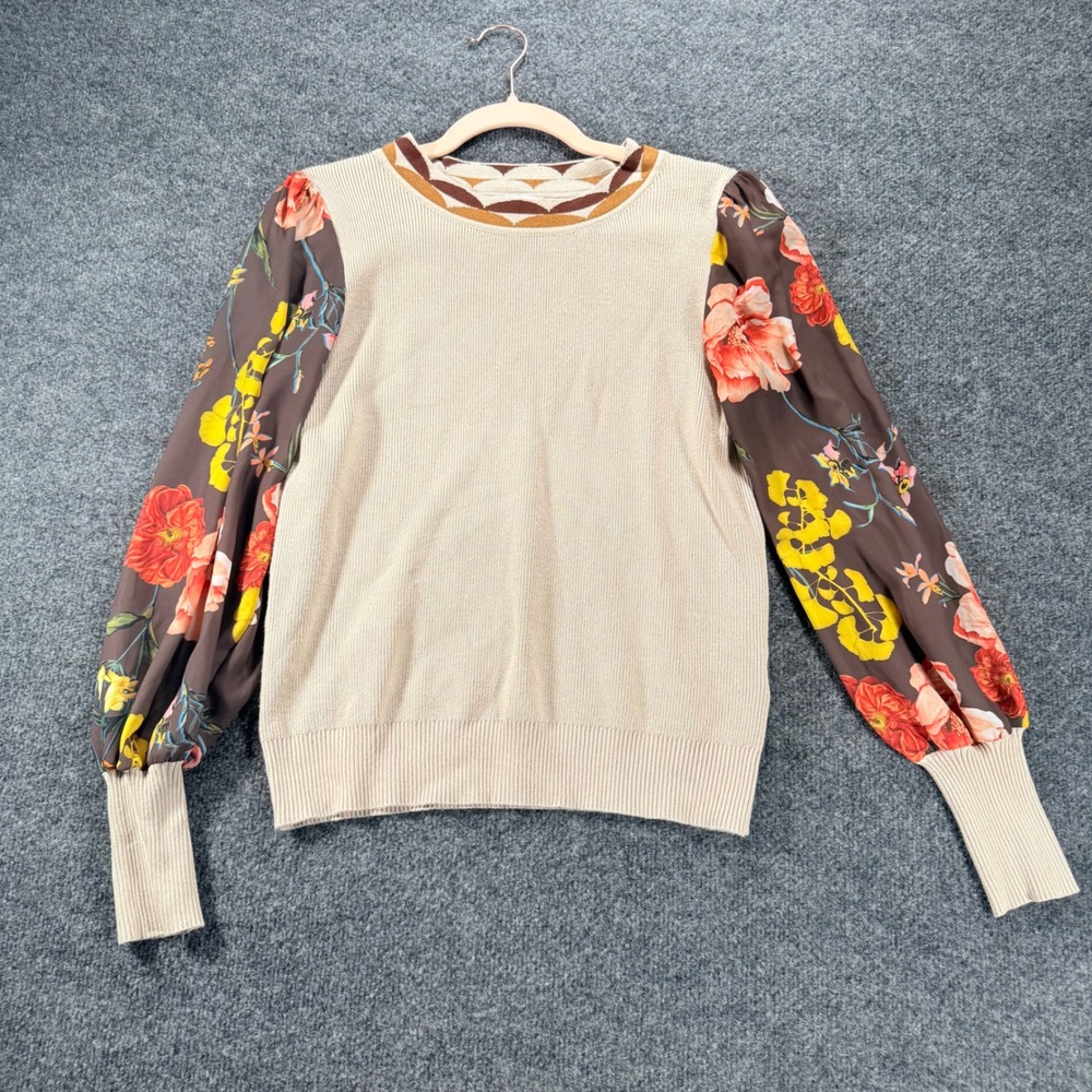 Rio & Rian Sweater Mixed Media Floral Balloon Sleeve Knit Top Medium Beige Women
